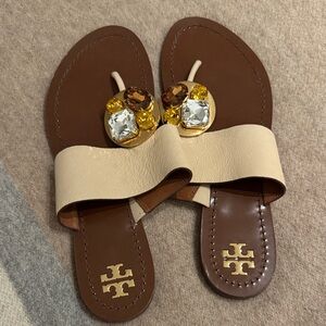 Tory Burch Beige and Brown Jeweled Toe-Post Sandals